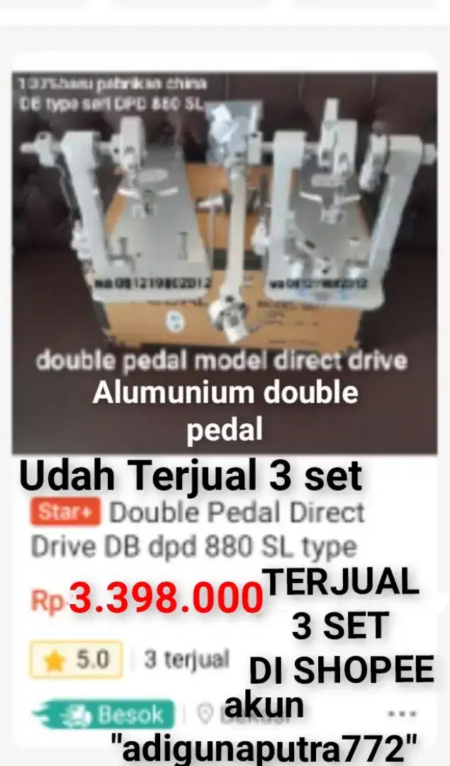 100%br TERJUAL 3 SET ALUMUNIUM DIRECT DRIVE DOUBLE PEDAL DB