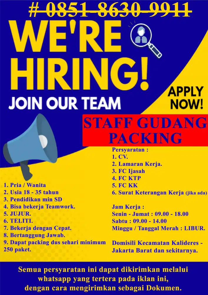 Staff Gudang / Packing untuk domisili Kalieres - Jakarta Barat.