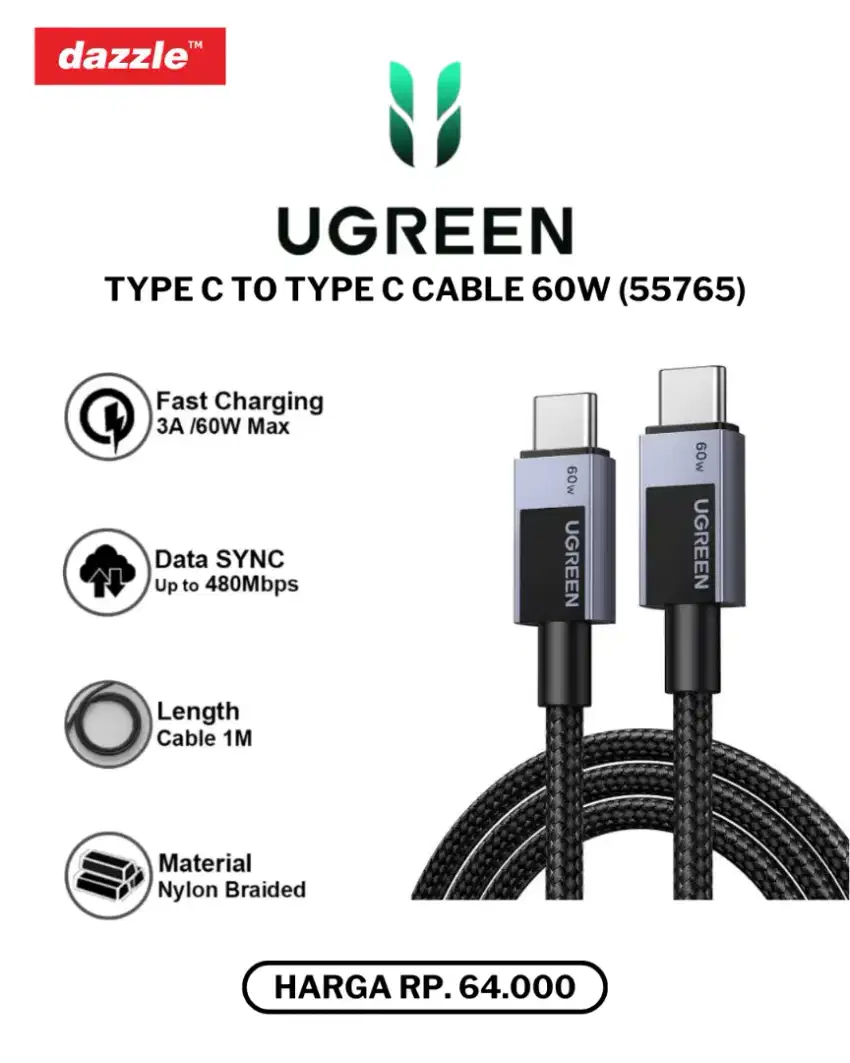 UGREEN TYPE C TO TYPE C CABLE 60W (55765)