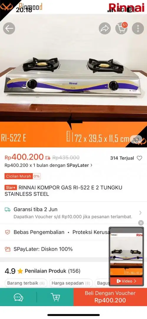 jual murah kompor rinnai baru RI 522 c