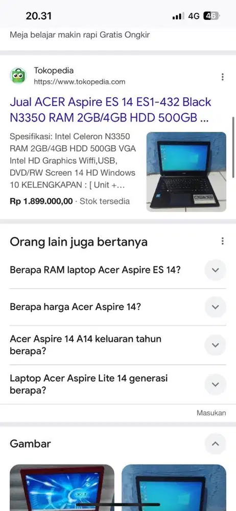 murah Laptop Acer Aspire ES 1 432 SUDAH upgrade SSD KENCANG