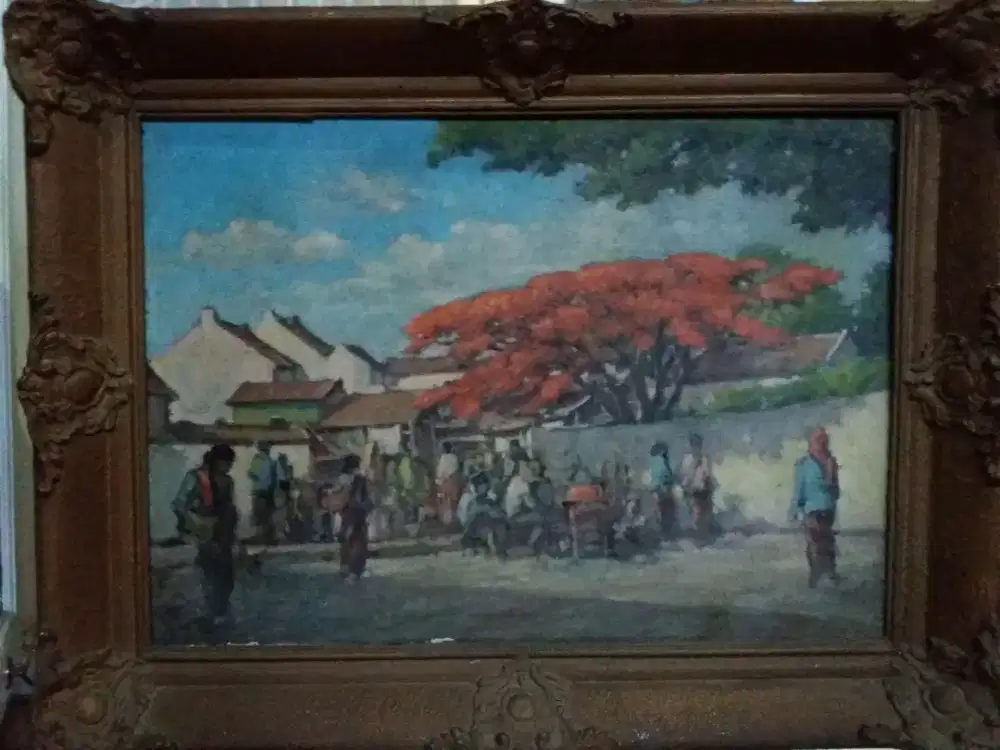 LUKISAN tema pasar dengan pohon flamboyan. Pelukis Eropa.