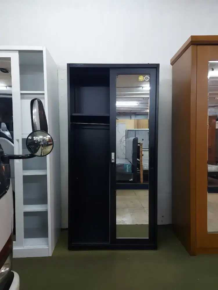 Lemari Pakaian Besi 2 Pintu Sliding Cermin - Rak Baju Pintu Geser