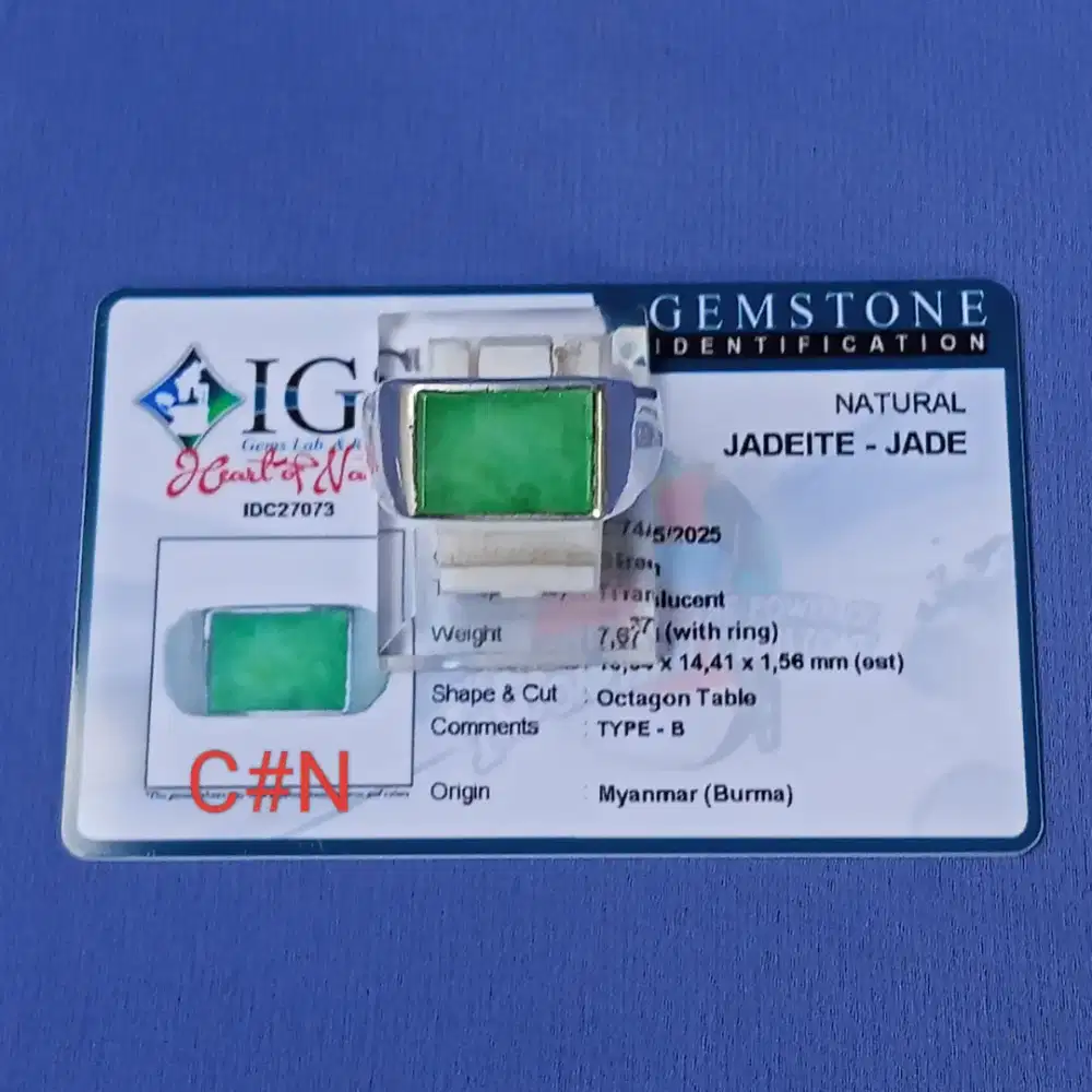 Batu natural jedeite jade type B, batu giok Burma. Gem id card IGS