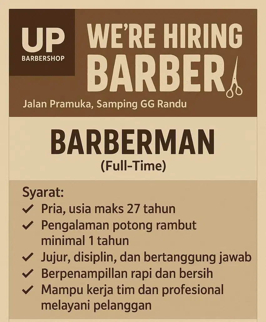 Dicari Tukang cukur dan kasir wanita