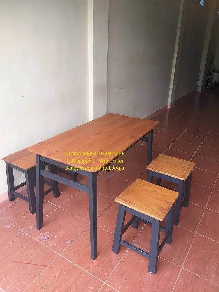 Paket Set Meja Panjang 4 Kursi Kotak Cafe Warung Rumah Makan Kayu #BT