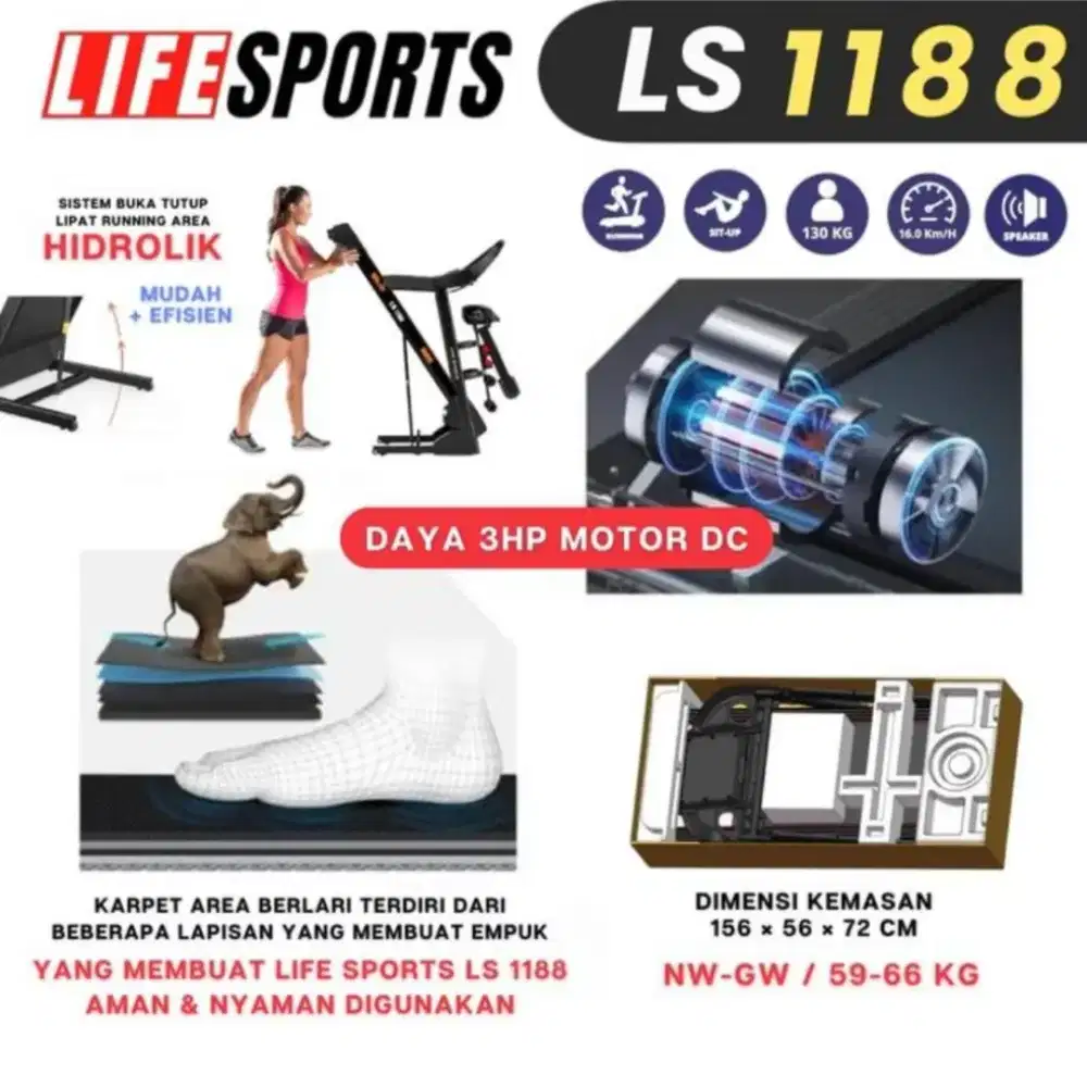 Treadmill Elektrik LS1188 bisa BB max 130 kg