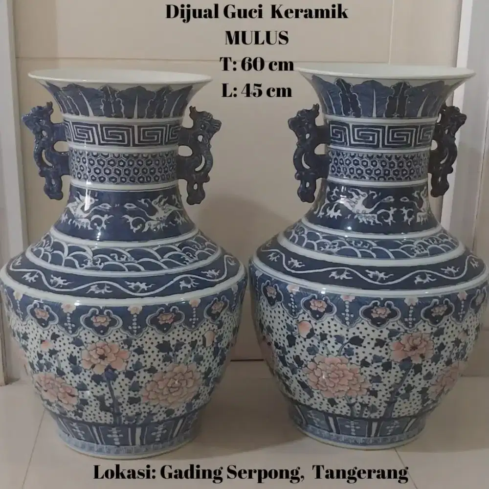 Guci Porselen Cina Cap Qianlong Putih Biru Naga Bunga Tinggi 60cm