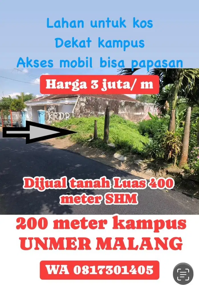 DIJUAL LAHAN KOS 200 meter KAMPUS UNMER DIENG - malang