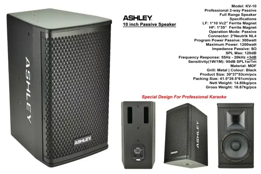 Ashley KV-10 speaker passive / pasif 10inch box kayu