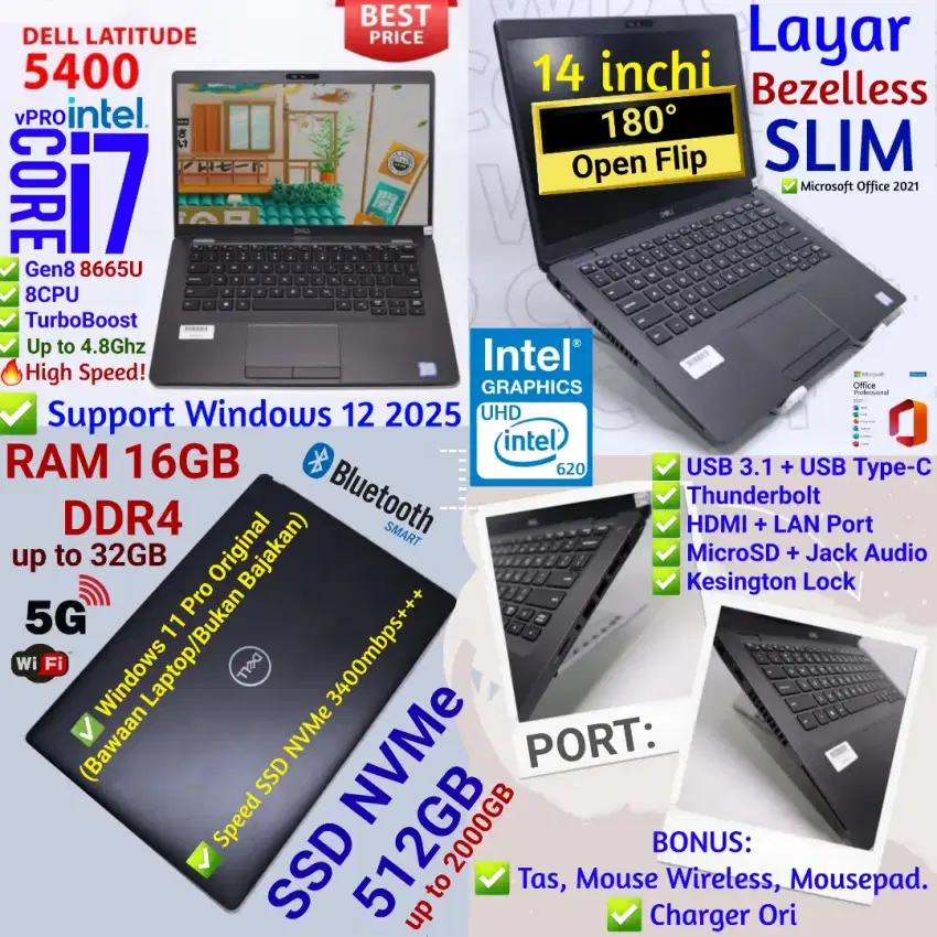 Dell i7 Gen8 8CPU RAM 16GB NVMe 512GB Laptop 14inch Bezeless