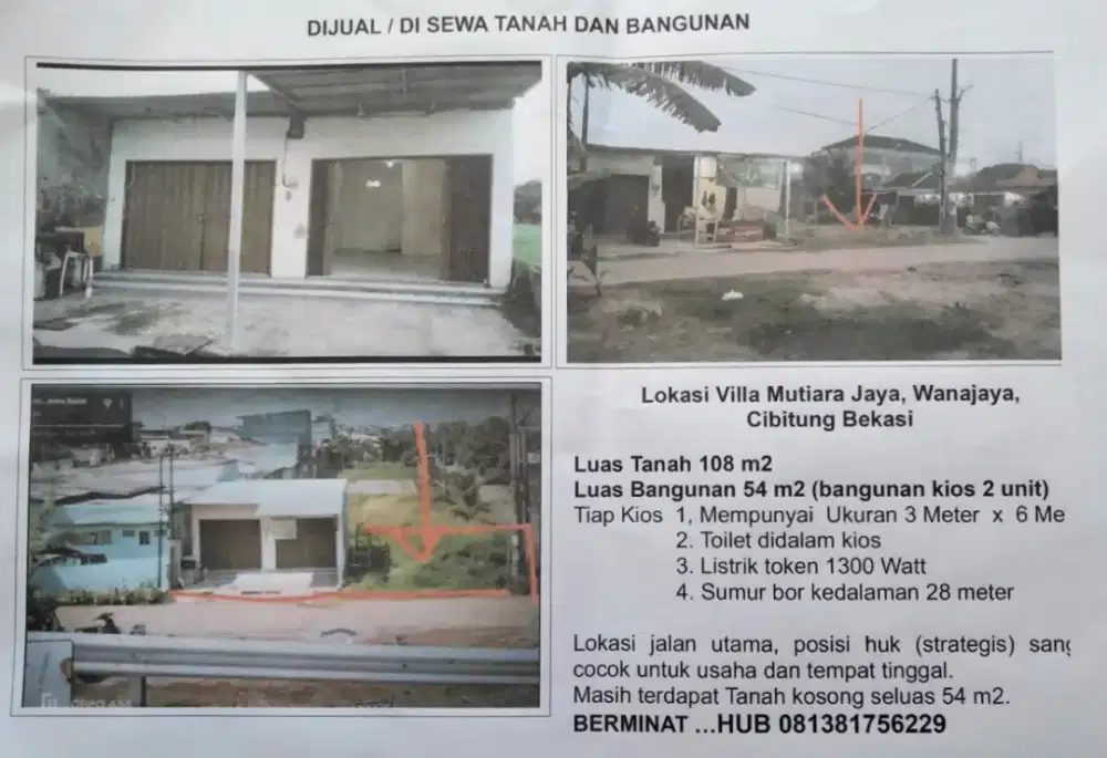 Ruko dan tanah DIJUAL/DISEWA di Cibitung