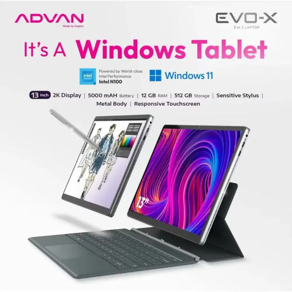ADVAN LAPTOP 2 IN 1 EVO X13 INTEL N150 12GB 512SSD 100%SRGB W11