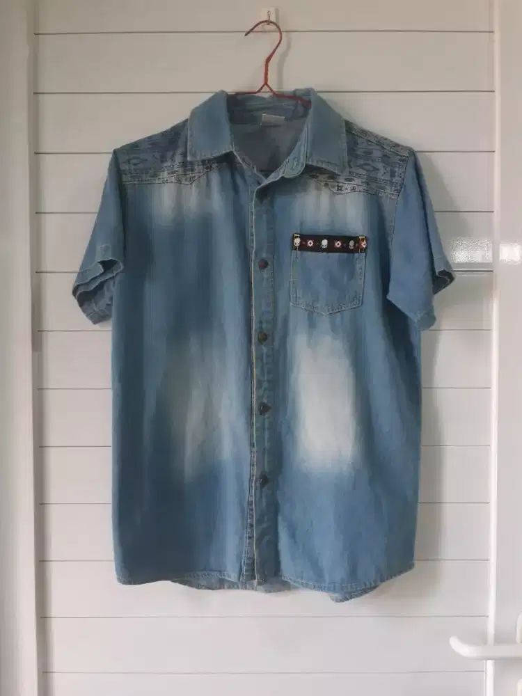 Kemeja denim skull ethnic unisex golden eagle preloved tjap karoeng