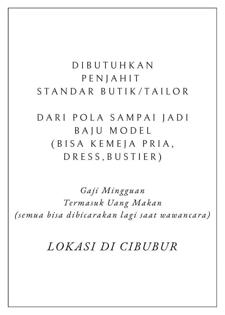 DICARI PENJAHIT LEVEL TAILOR BISA MEMBUAT BAJU MODEL GAJI MINGGUAN