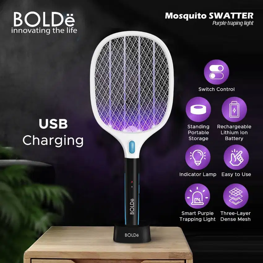 Raket nyamuk Bolde berdiri otomatis recharge 2 in 1 swatter GARANSI