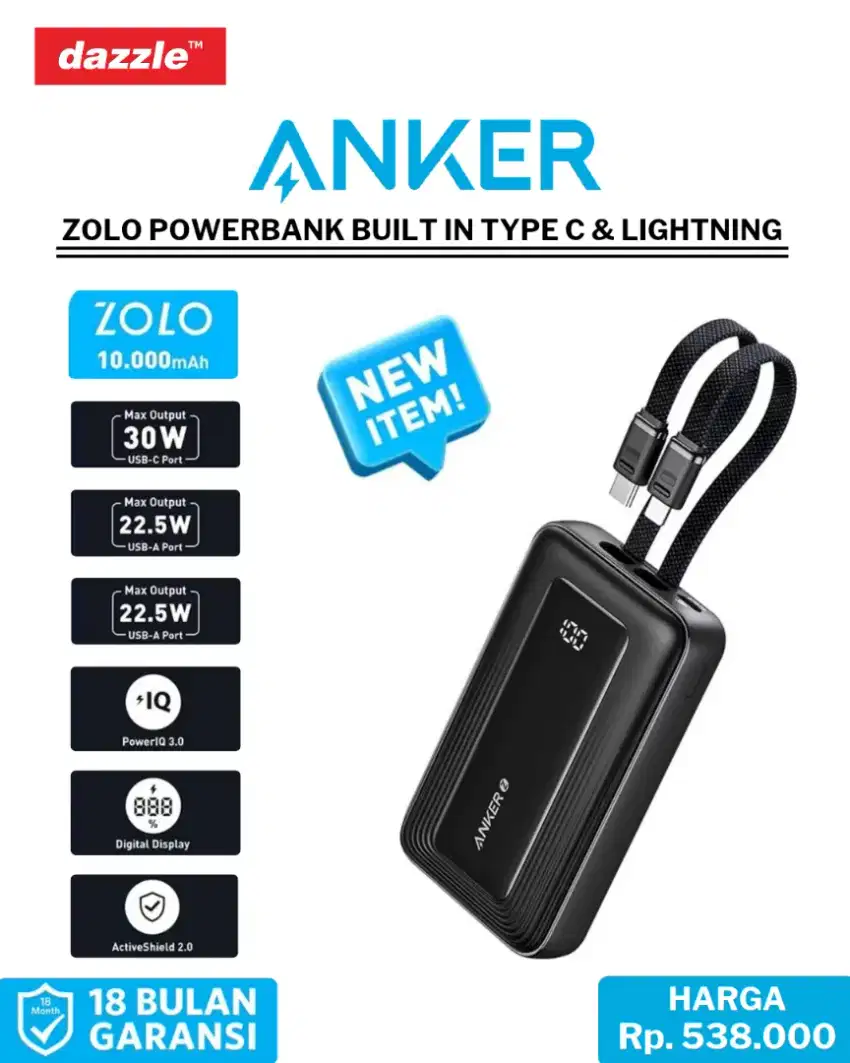 ANKER POWERBANK ZOLO BUILT IN TYPE C & LIGHTNING