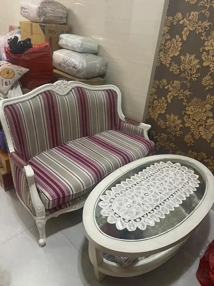 Sofa bench shabby chic stripe & meja vintage oval