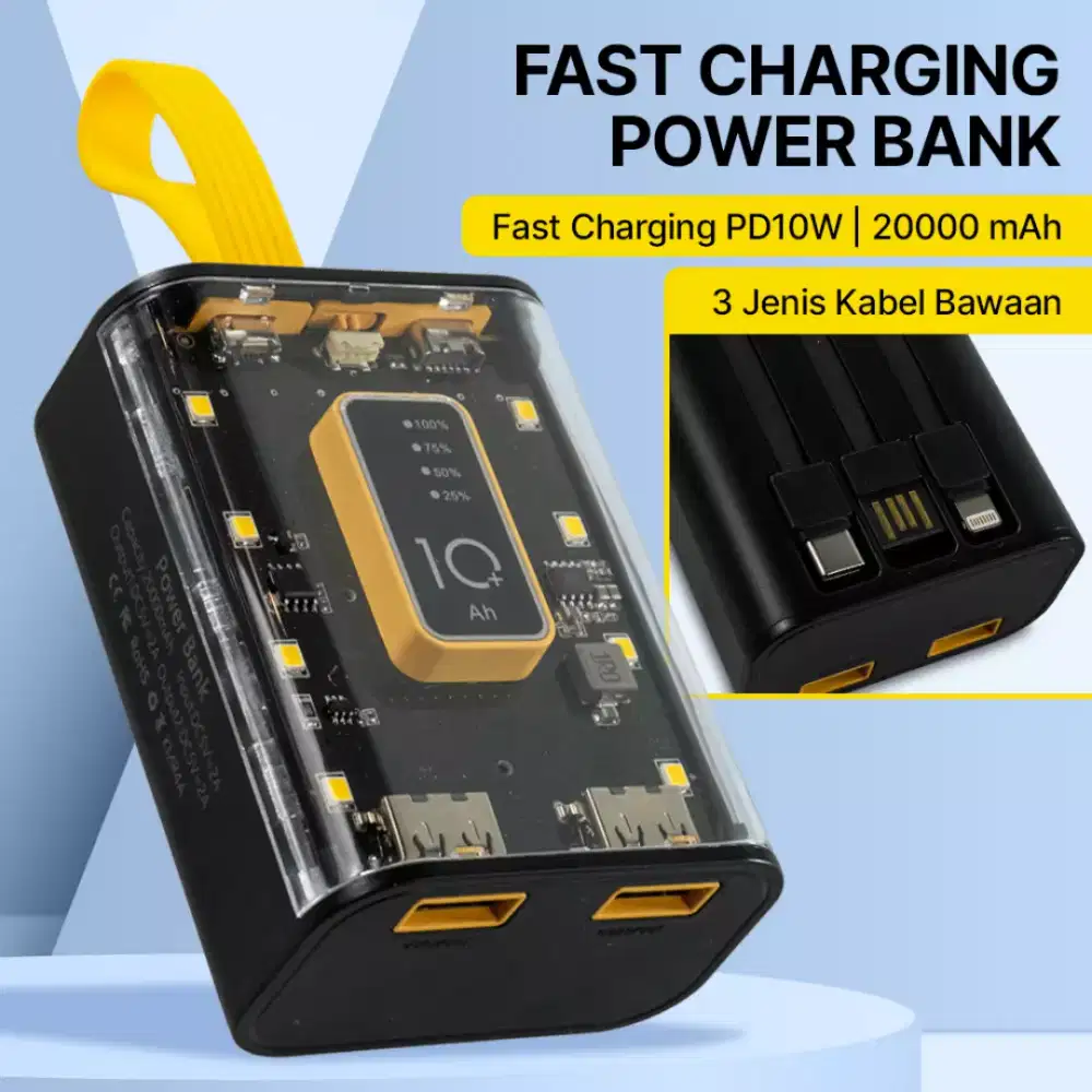 Power Bank 20000mAh Fast Charging PD 3in1 Cable Dual USB Port 10W