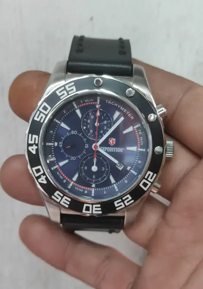 Jam tangan expedition pria chrono stopwatch tali kulit hitam