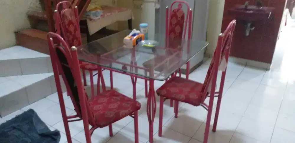 MEJA MAKAN KACA TEBAL + KURSI 1 SET