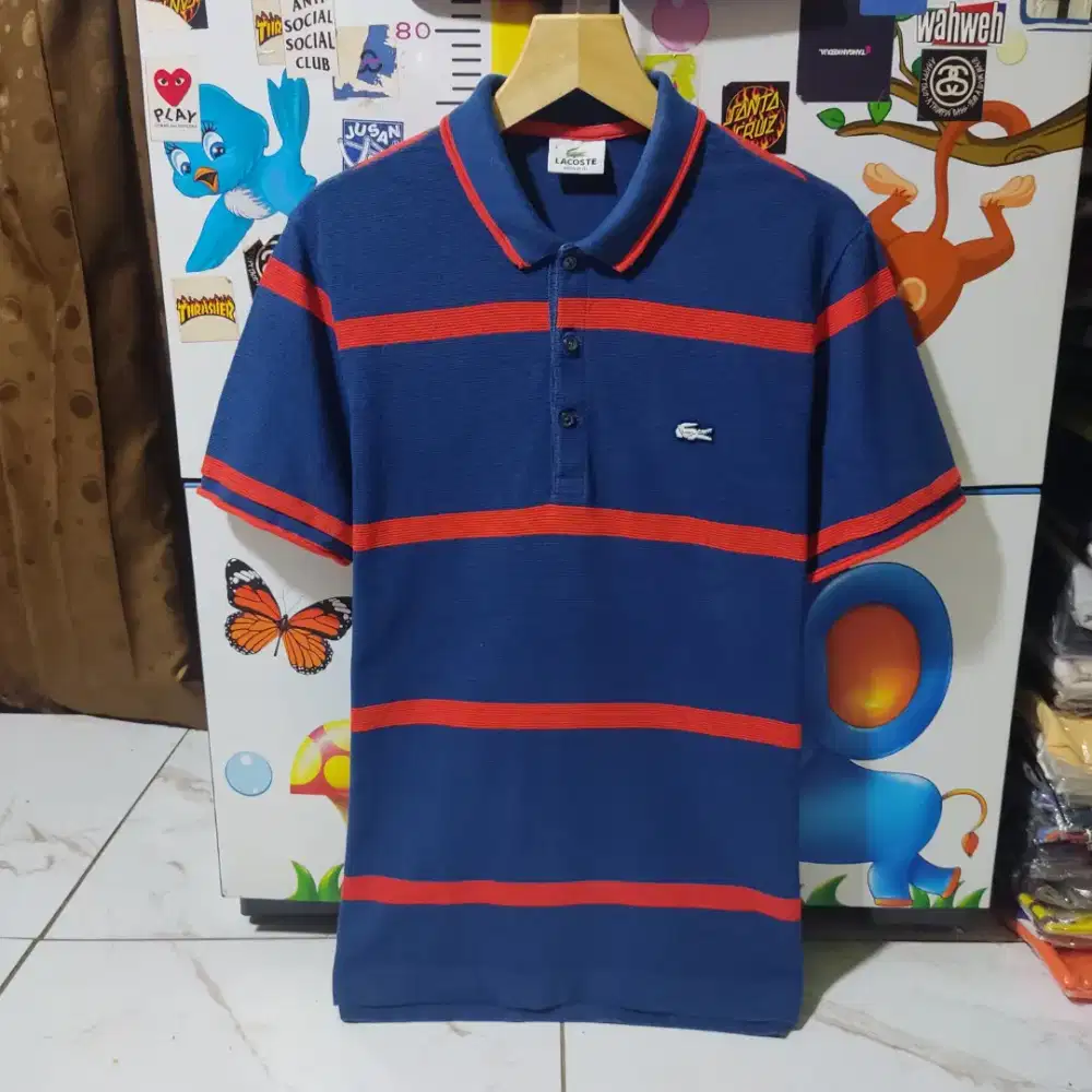 Kaos polo shirt LACOSTE Striped Sallur Rajut colour navy Size  L