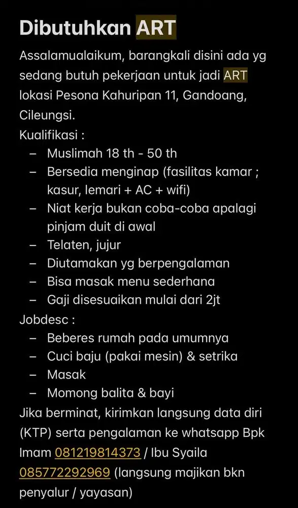 Dicari ART serabutan