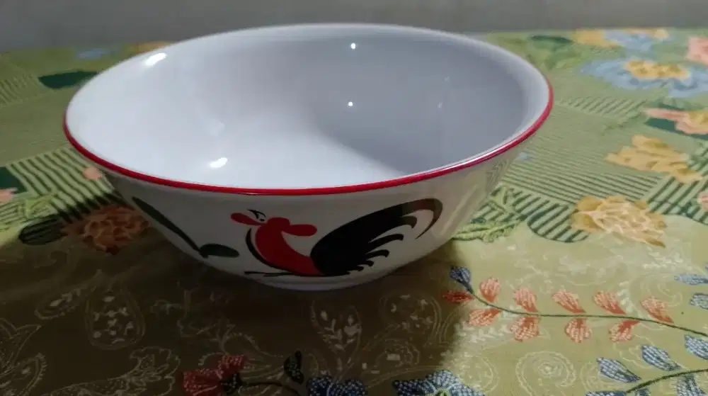 Mangkok Mie / Mangkok Soto, Putih, Motif Ayam jago, 7 inch (18cm)