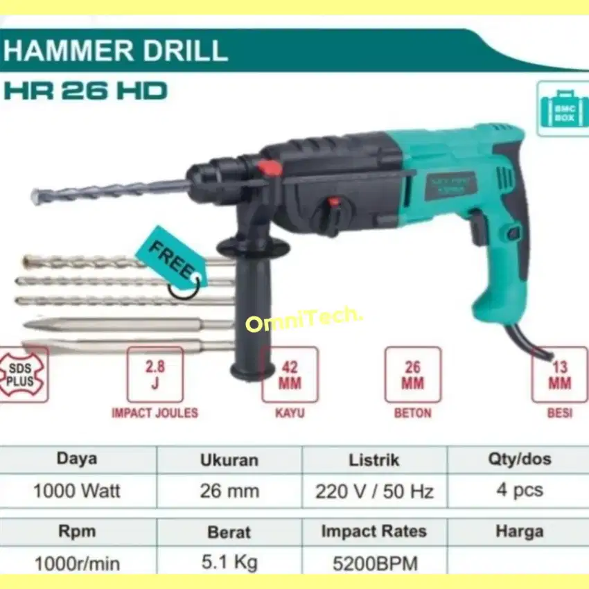 Mesin Bor Bobok Beton Hammer Drill SDS Plus 26mm HR26 Bolak Balik NRT