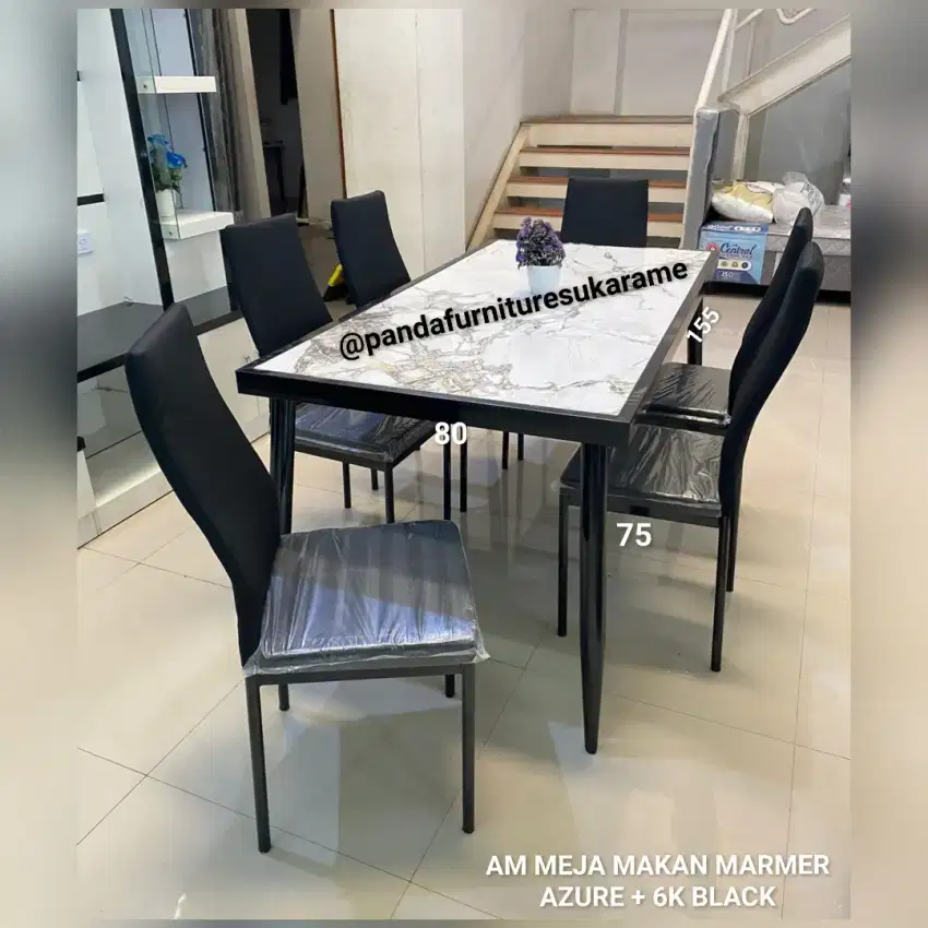 Meja Makan 6 Kursi Top Table Marmer Kaki Rangka Besi Kokoh