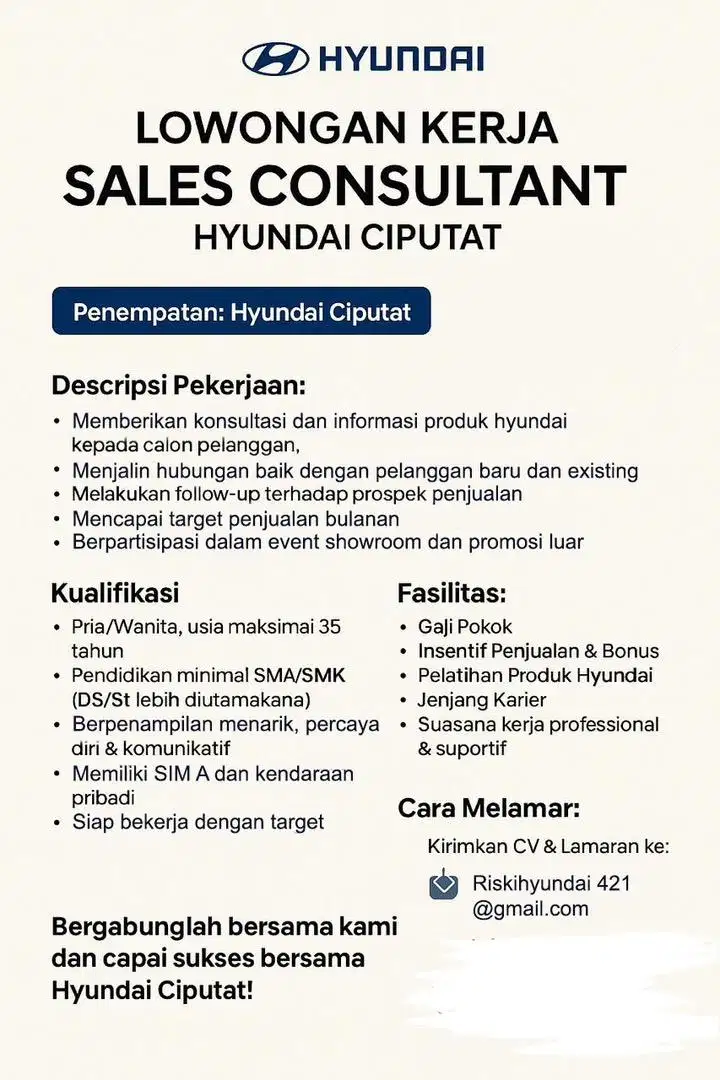 Dibutuhkan Sales Consultant Penempatan Hyundai Ciputat