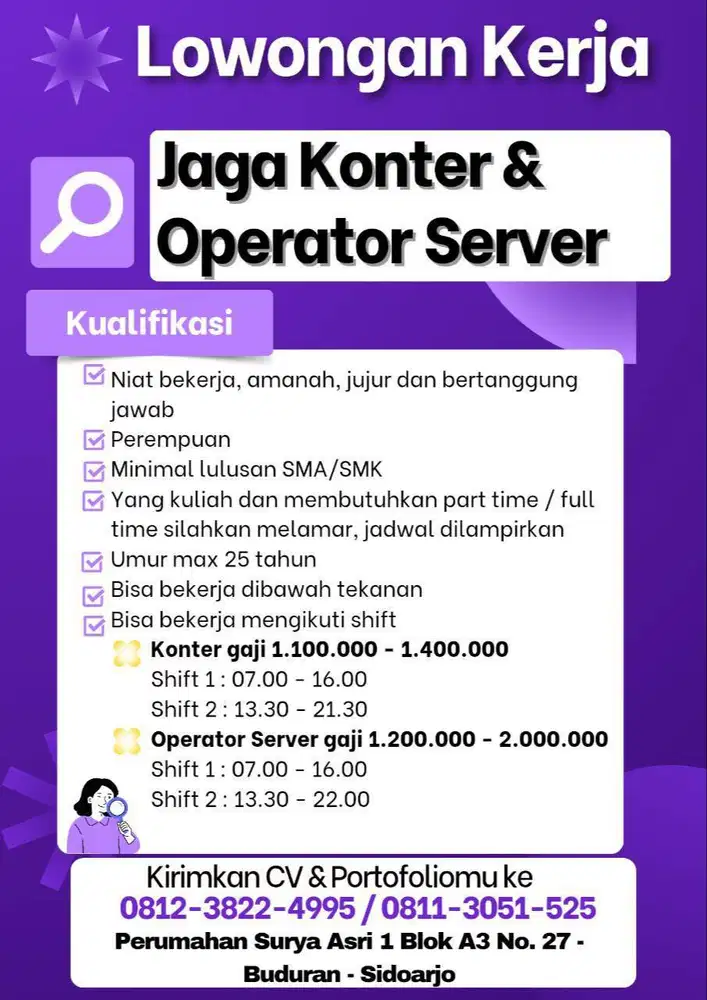 Lowongan Kerja Jaga Konter dan Operator Server