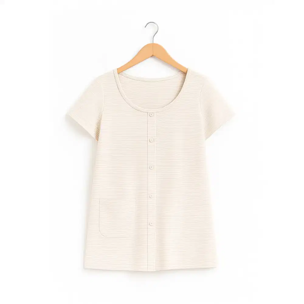 Blouse Santai Wanita Kancing Depan – Motif Garis Cream