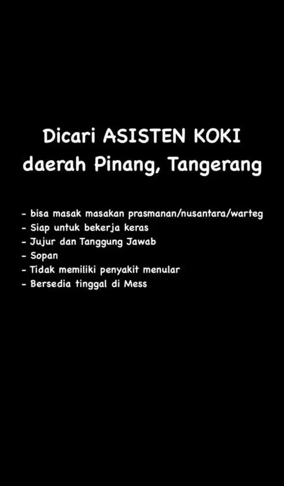 Dicari Asisten Koki MASAKAN PRASMANAN/NUSANTARA/WARTEG