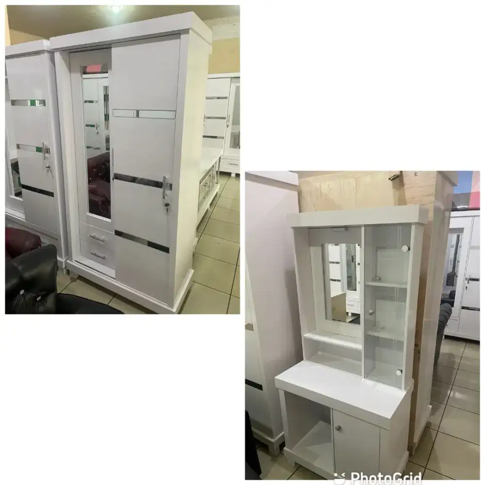 Promo paket lemari sliding 2 pintu Dan meja rias kayu mix