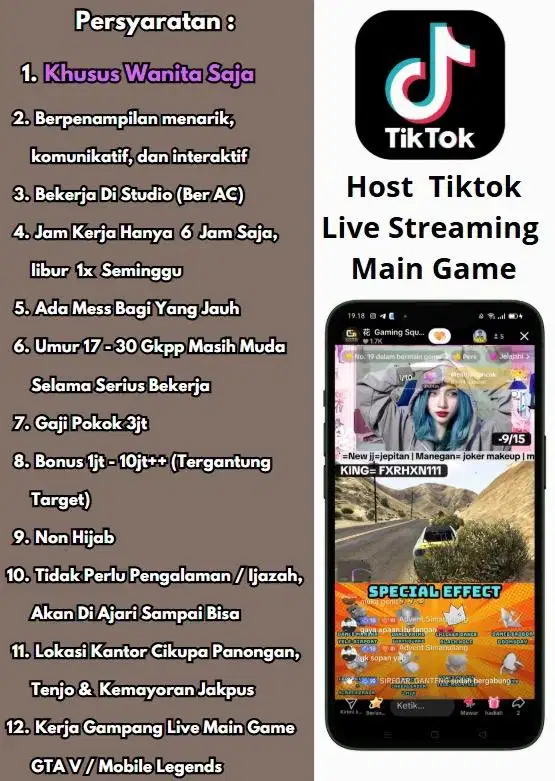 (Loker) Lowongan Kerja Host Live Tiktok Main Game