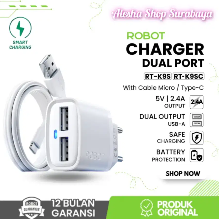 ROBOT Charger Dual Output Fast 2.4A 12W Kabel Data MICRO USB & TYPE-C