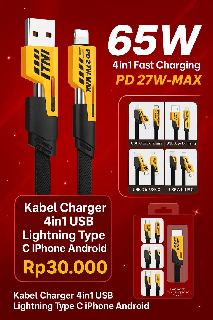 Kabel Data Charger Fast 4 in 1 USB Lightning Type C iPhone Android
