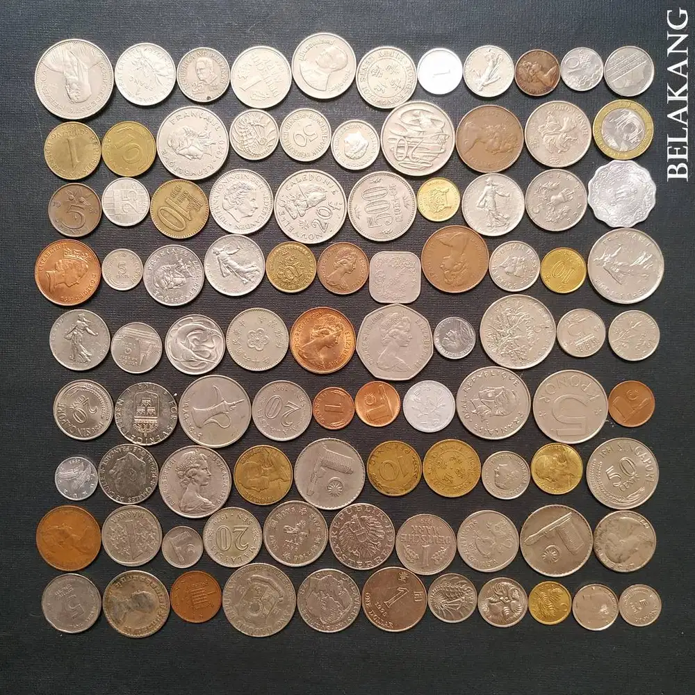 #F Koin Asing Campur Borongan 500 gr, 93 Kp, thn 1970an s/d 1990an