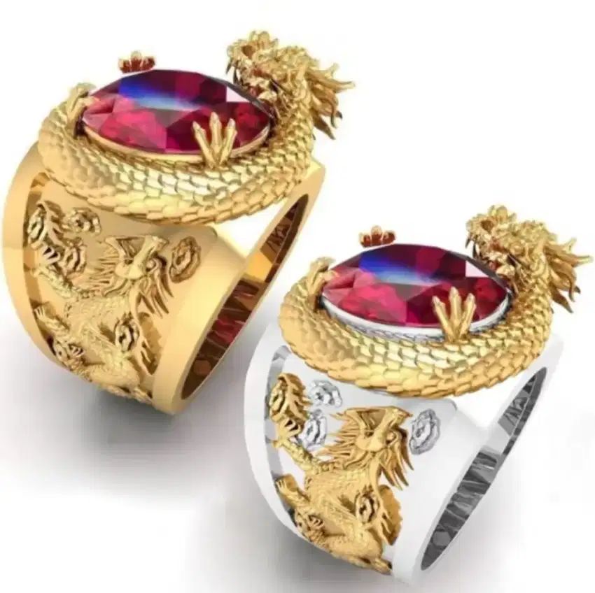 Cincin hiasan 3 D naga emas dan perak