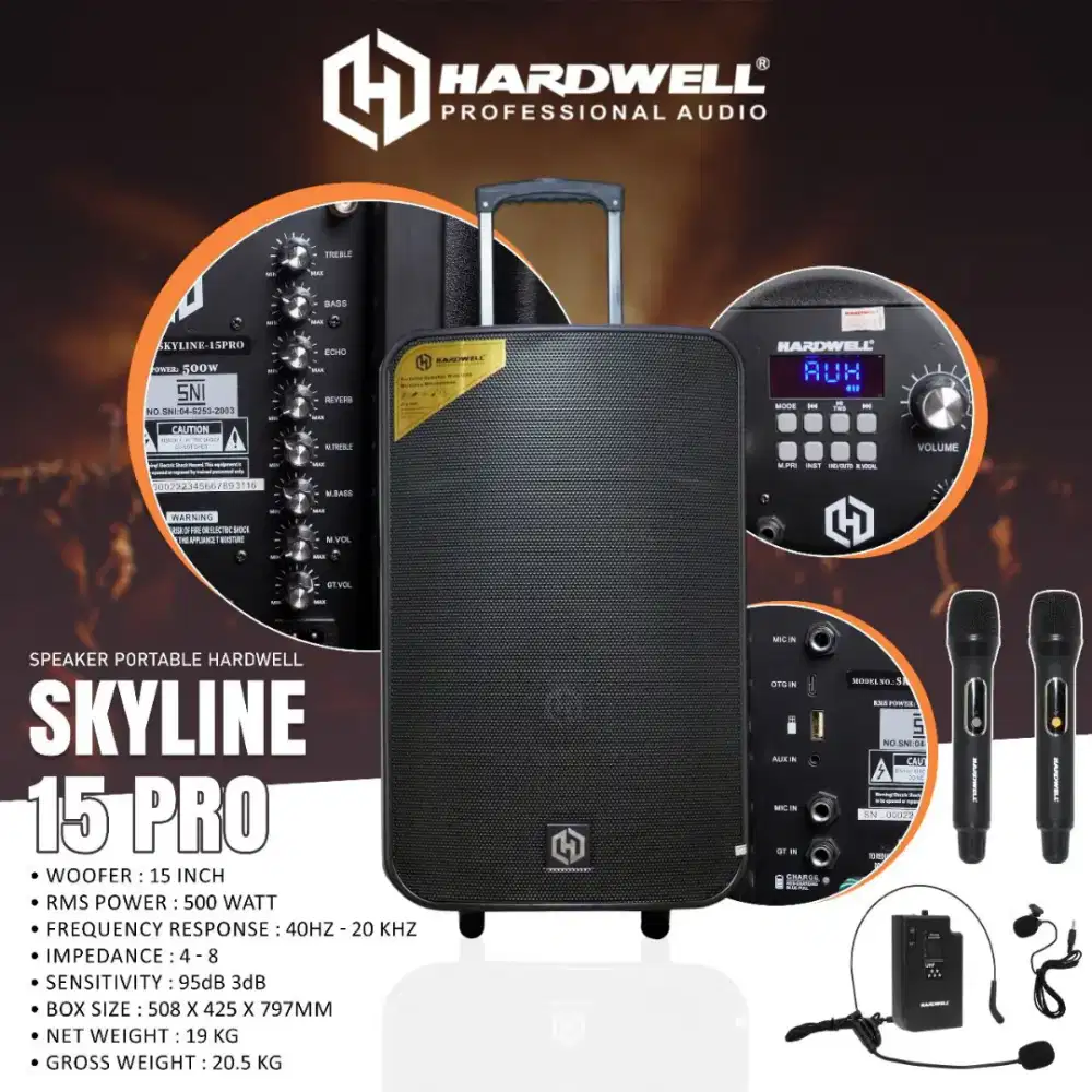 Hardwell SkyLine 15pro Speaker Portable 15in 500watt free 3 jenis Mic