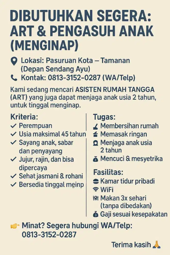 Lowongan ART & Penjaga Anak-Tinggal Menginap, Ada Fasilitas!
