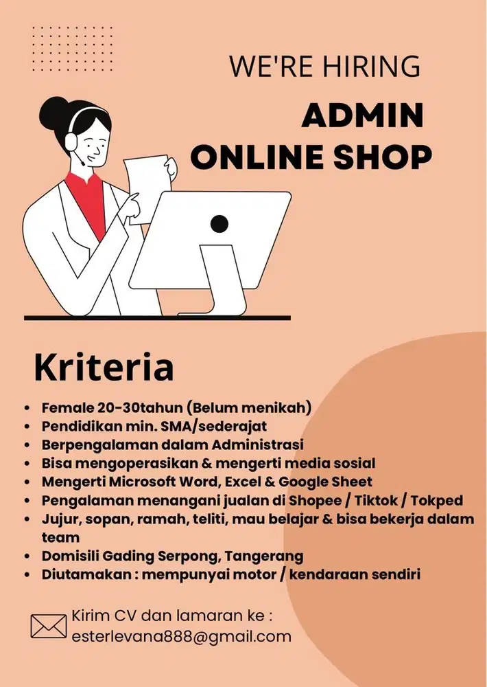 (DICARI) Admin Online Shop - lokasi gading serpong, Tangerang