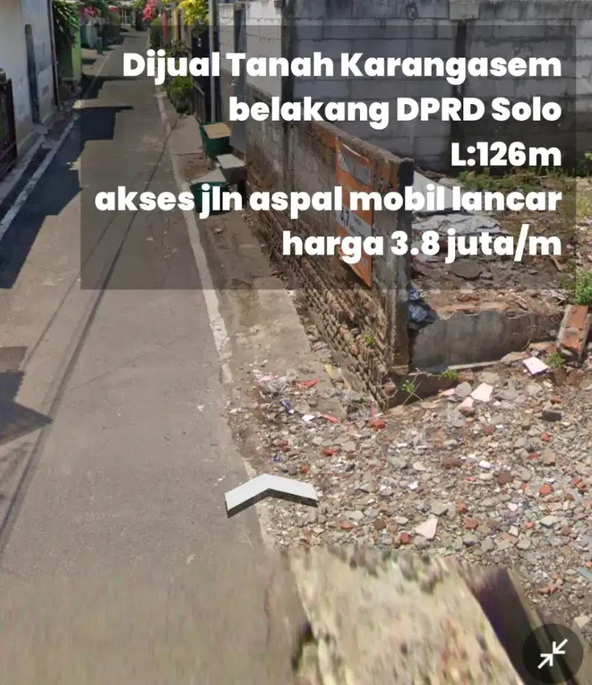 Dijual Tanah belakang DPRD Solo L:126m