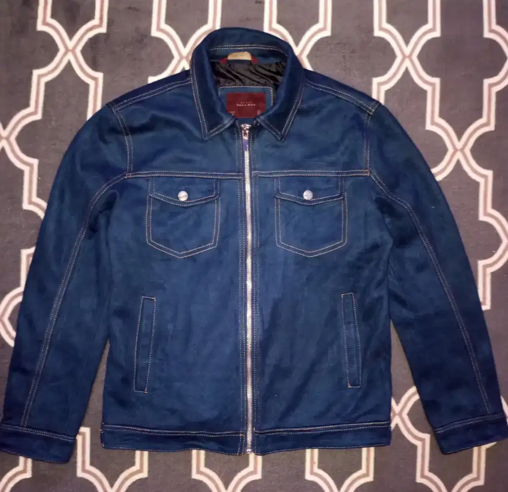 Jaket Zara man Bikers Riding Trucker leather Suede Navy