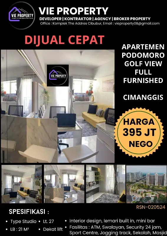 BANTING HARGA  DIJUAL  APART TYPE STUDIO PODOMORO GOLF VIEW CIMANGGIS