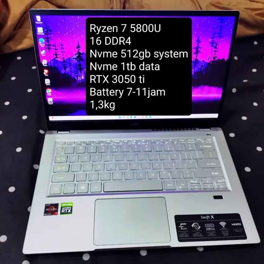 Acer Swift X SFX14-41G Ryzen 7 5800 RTX 3050 TI 16 / 1TB +512GB