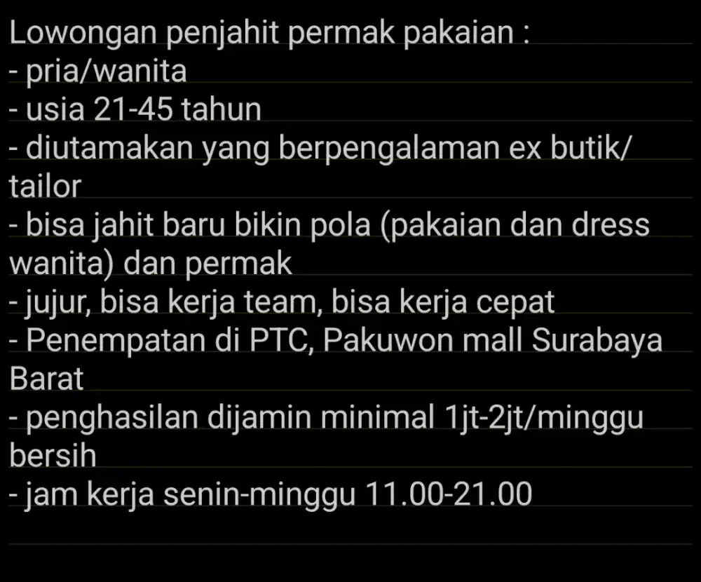Lowongan Penjahit untuk Toko Permak di PTC Surabaya