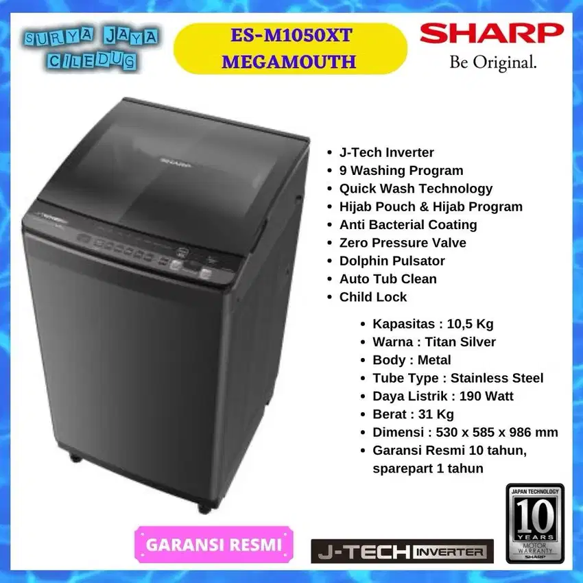 Mesin cuci otomatis 1 tabung merek sharp 10.5 kilo