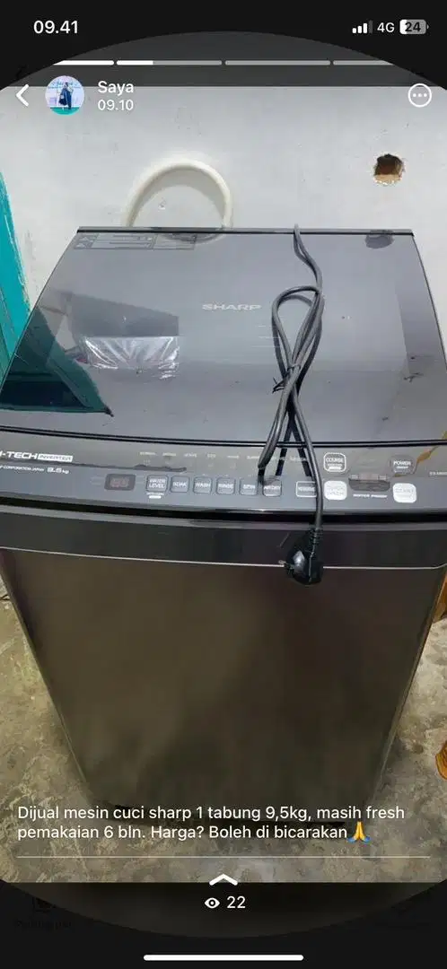 Dijual mesin cuci sharp 9,5 kg 1 tabung otomatis